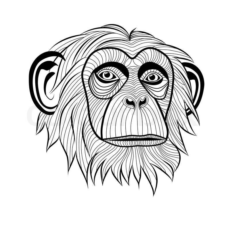 Old wise line-patterned chimpanzee head tattoo design