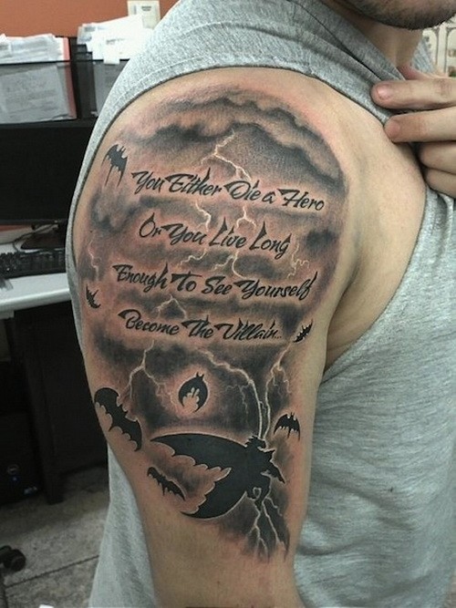 Ominous black-lettered quote with bats tattoo for men on ...