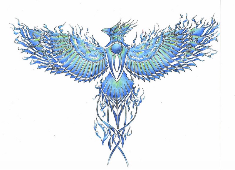 Open-winged phoenix cowered with blue flame tattoo design by Mnementh2000