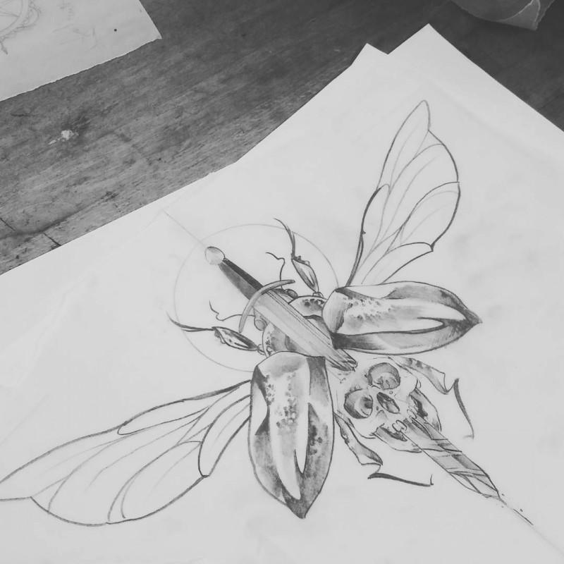 Open-winged skull-body bug pierced with sword tattoo design
