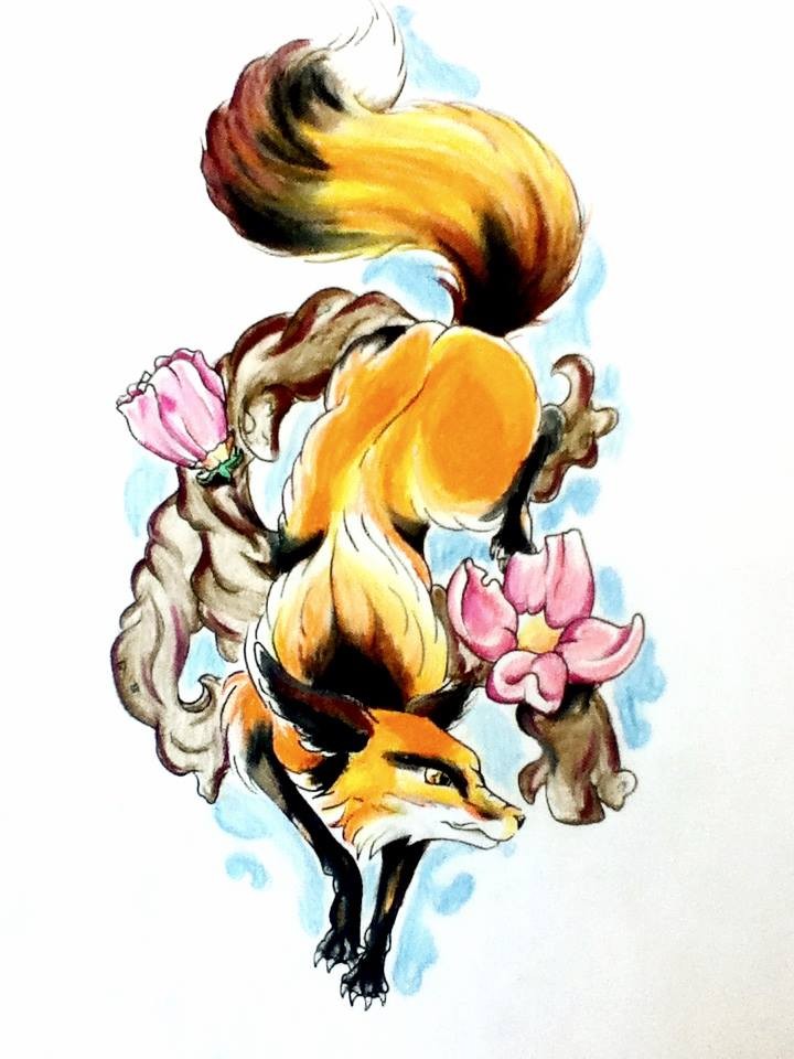 Orange-and-black running fox with cherry blossom tattoo design