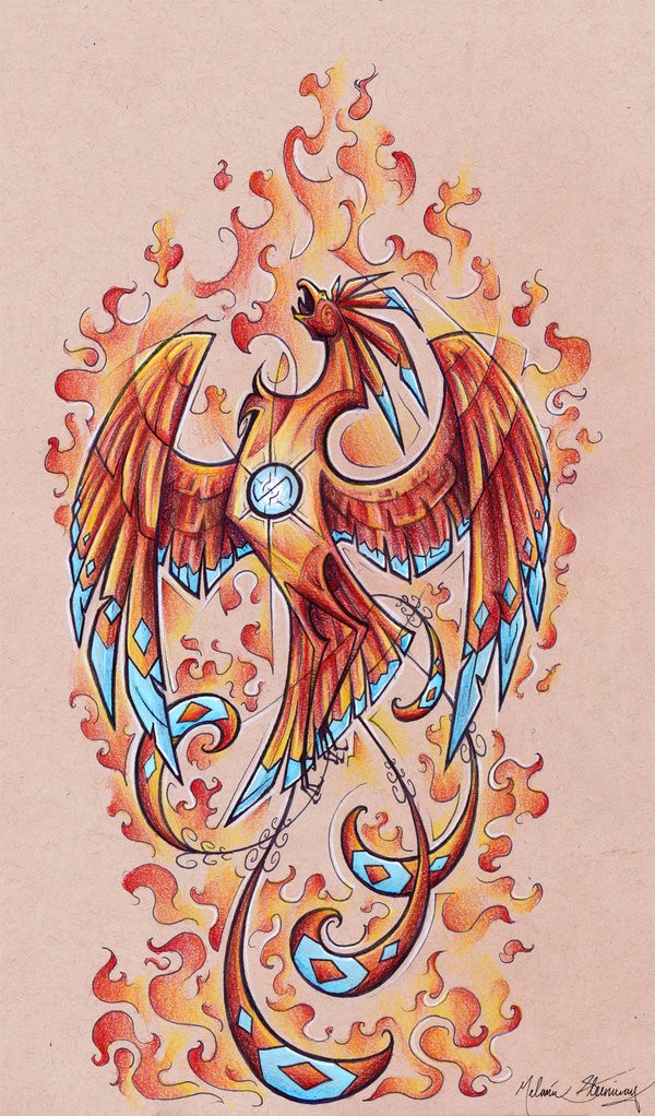 Orange-and-blue crying phoenix in flame with shining crystal in chest tattoo design by Tsairi