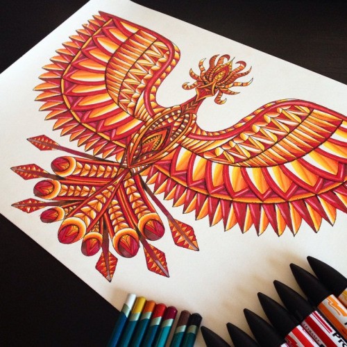 Orange-and-red patterned spread-winged phoenix tattoo design