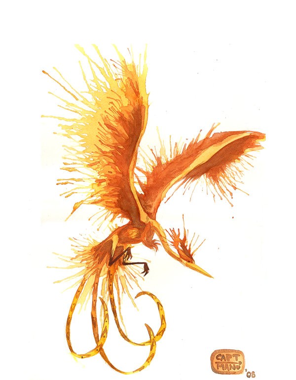 Orange-color flying phoenix in splashes tattoo design by Capt Manu
