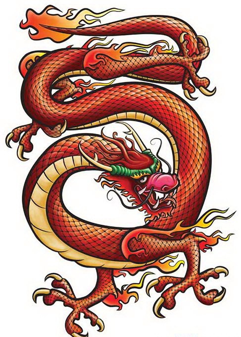 Orange chinese dragon with green horns tattoo design