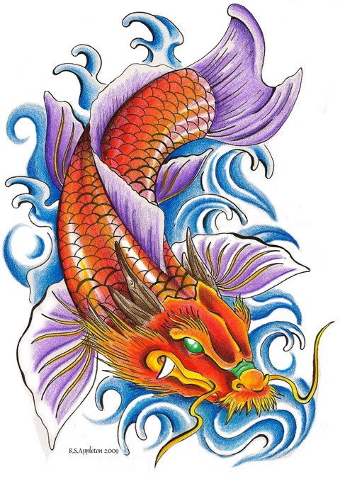 Orange dragon koi fish with purple flippers tattoo design