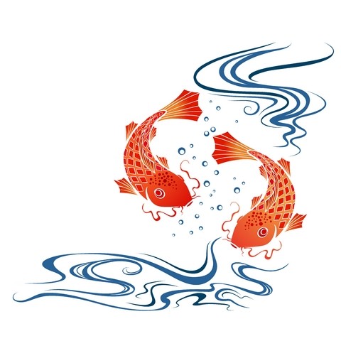 Orange fishes with rhombus scale and blue water curls tattoo design