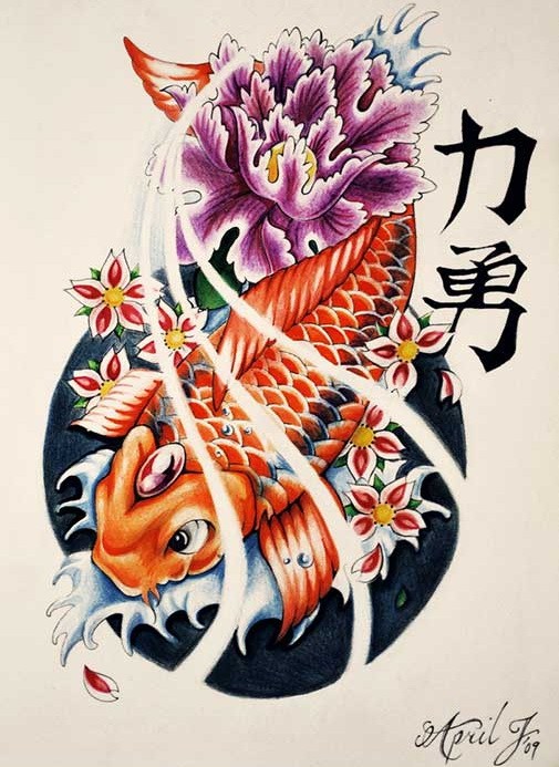 Orange koi fish and violet peony with hieroglyph tattoo design