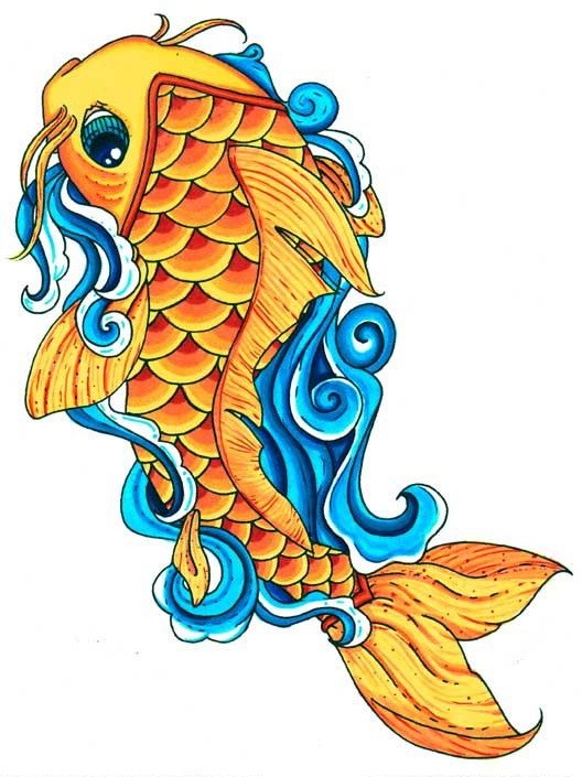 Orange koi fish in blue waves tattoo design