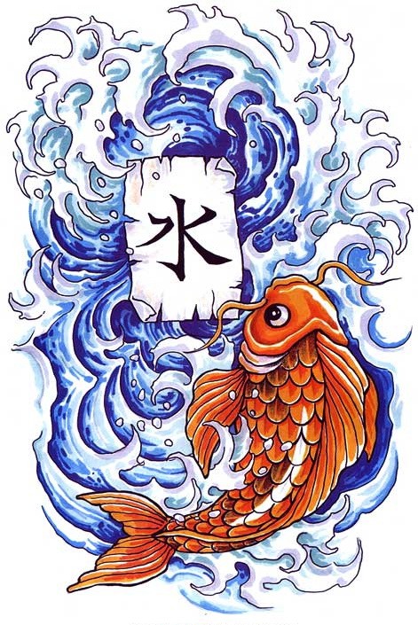Orange koi fish in water with japanese hieroglyph tattoo design