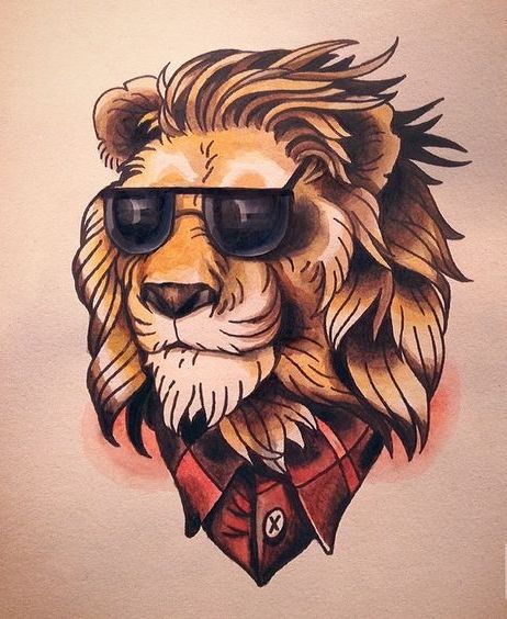 Orange lion in red shirt and sunglasses tattoo design