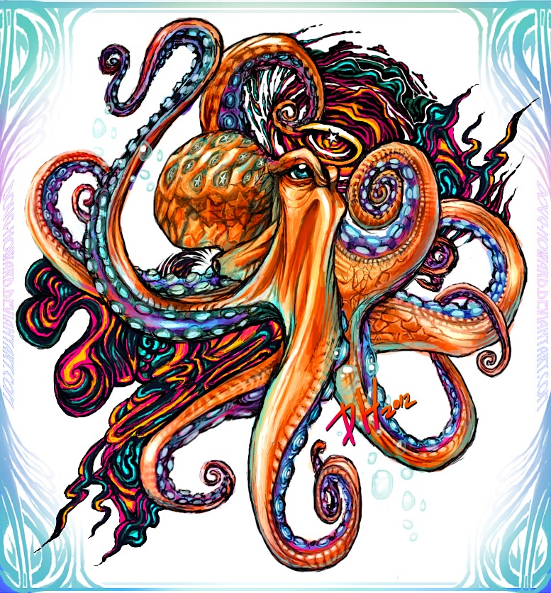 Orange octopus with colorful tentacles by Doug Howard
