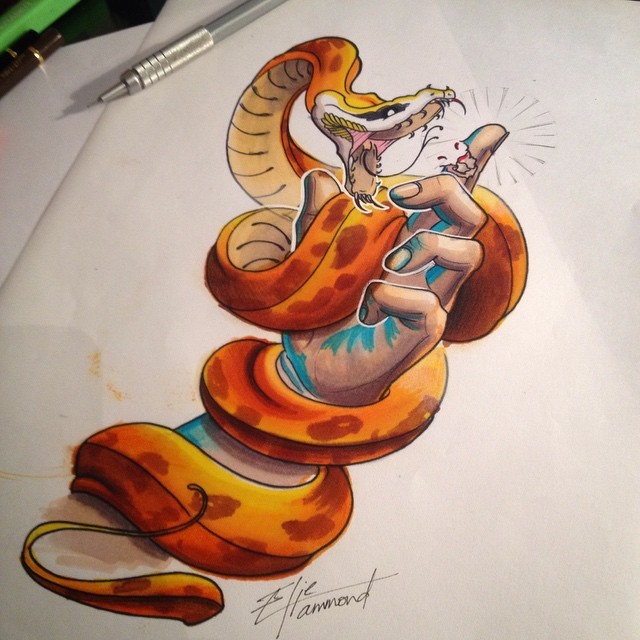 Orange snake curled around blue-ink human hand tattoo design