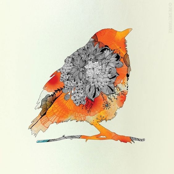 Orange sparrow silhouette with grey floral print tattoo design