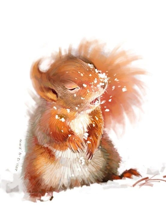 Orange squirrel with white belly and snow falling on muzzle tattoo design