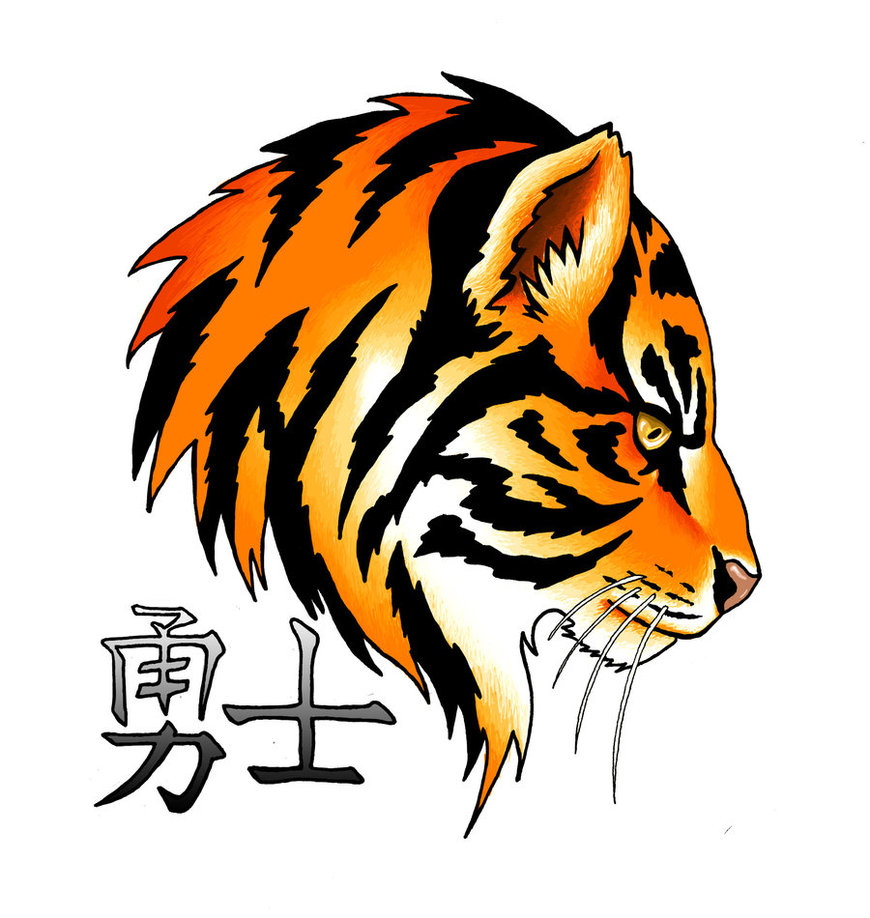 Orange tiger head in profile and chinese hieroglyphs tattoo design by Erithel