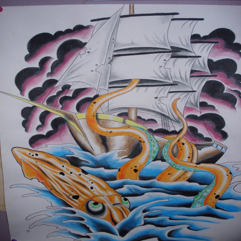 Orange water animal monster crushing a pirate ship by Charles Bronson777