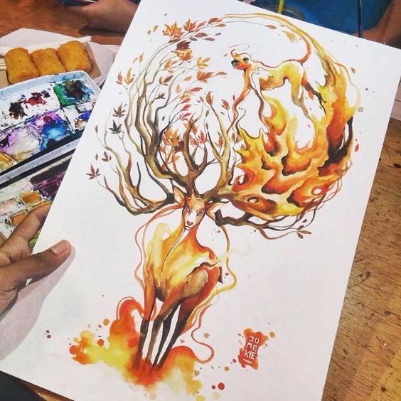 Orange watercolor animal with huge tree-like horns tattoo design