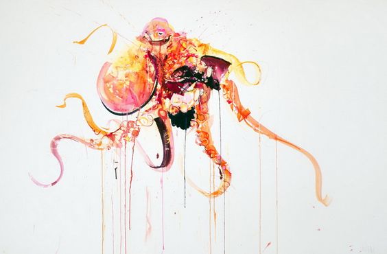 Orange watercolor octopus in smudges tattoo design