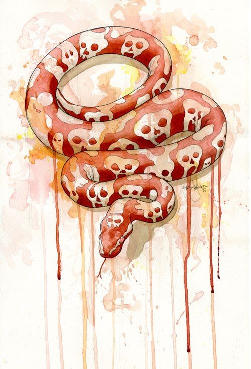 Orange watercolor skull-patterned snake tattoo design