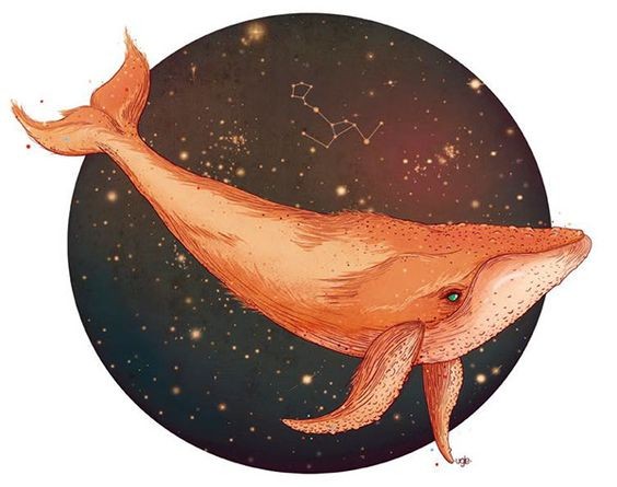 Orange whale on space circle background tattoo design