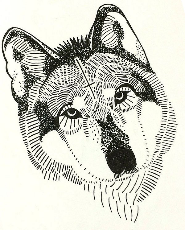 Original-design wolf head with inverted cross on forehead tattoo design