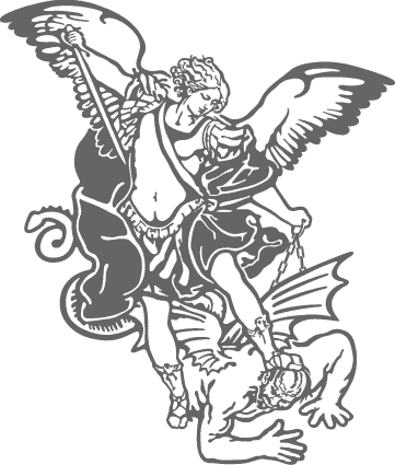 Guerreiro de anjo blindado em preto e branco original vencendo um design de tatuagem de demônio