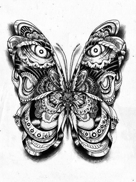 Original black-and-white butterfly with animal pattern tattoo design