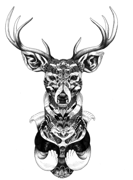 Original black-and-white deer portrait looking on you tattoo design