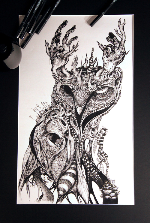Original black-and-white monster owl tattoo design