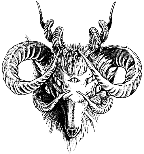 Original black-and-white ram head with namy horns and eyes tattoo design