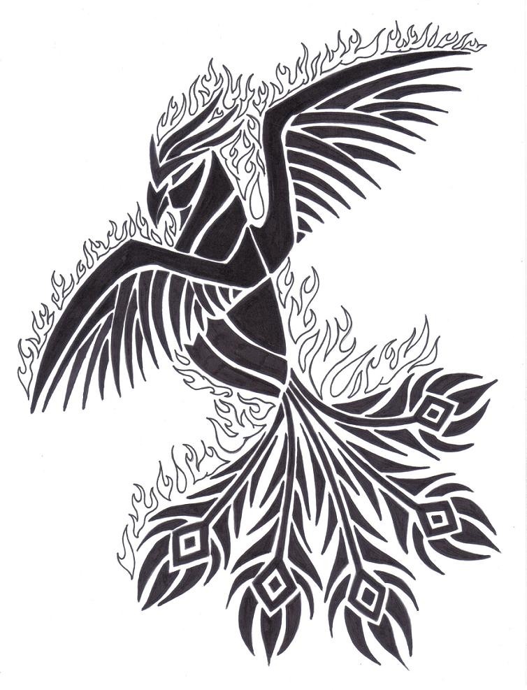 Original black-ink phoenix covered with fire tattoo design