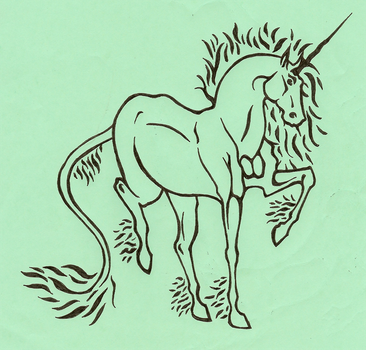 Original black-line unicorn with fluffy mane and hoofs tattoo design by Fwatair