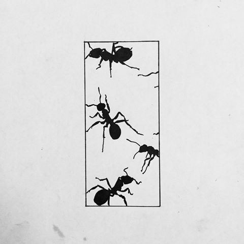Original black ant flock crawling inside geometric figure tattoo design