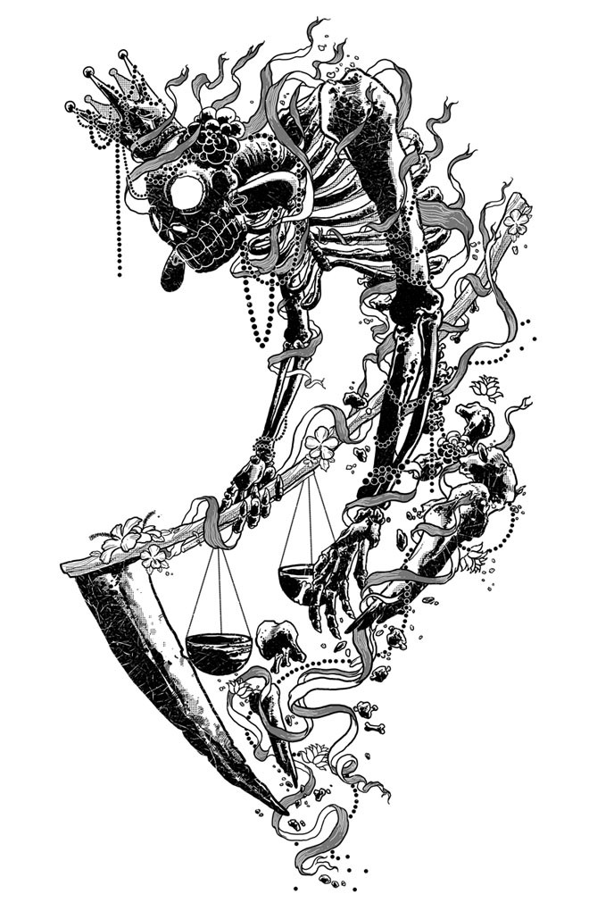 Esqueleto de morte original coroado preto com desenho de tatuagem de decorações de flores e listras