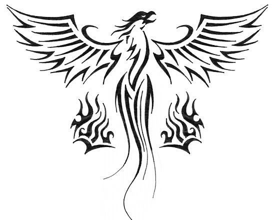 Original black stylized phoenix with fire elements tattoo design