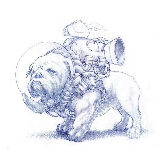 Original blue-ink bulldog wearing space equipment tattoo design