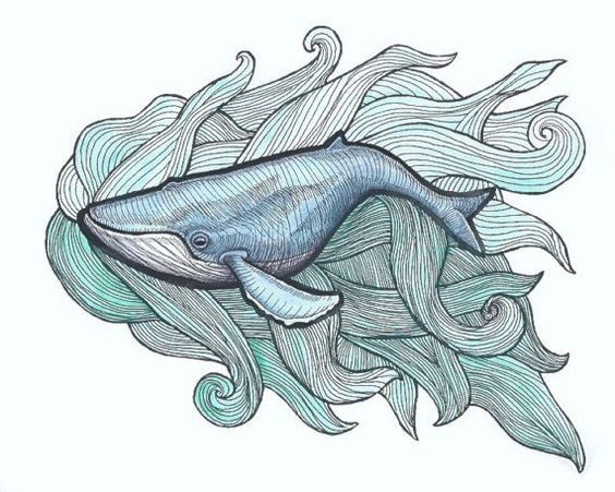 Original blue whale in swirly waves tattoo design
