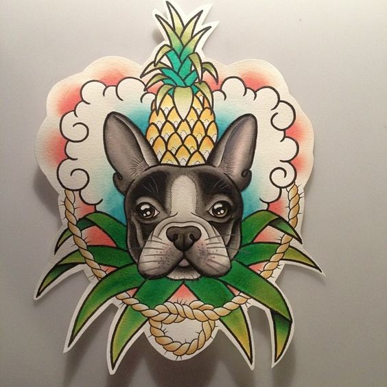 Original colorful bulldog head with ripe pineapple tattoo design