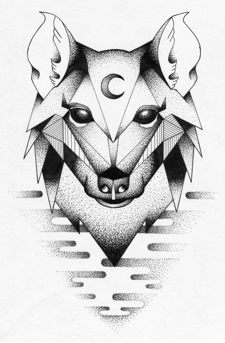 Original dotwork wolf with a moon sign on forehead by Robyn Jessica Hale