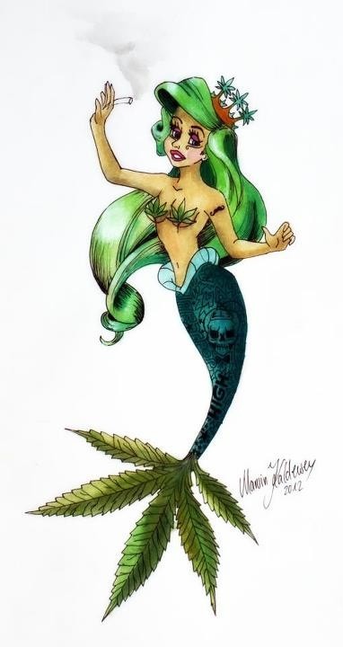 Original drunk smoking cannabis mermaid tattoo design