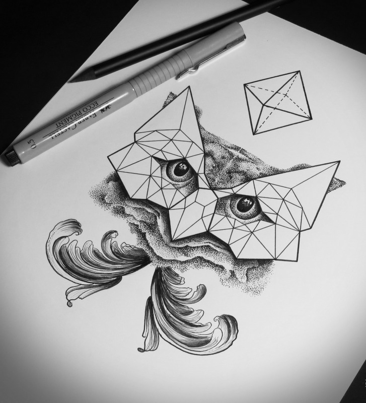 Original geometric face owl tattoo design