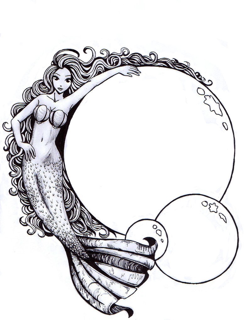 Original grey-ink cartoon mermaid embracing huge bubbles tattoo design