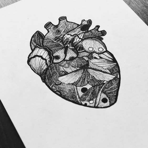 Original grey butterfly human heart tattoo design