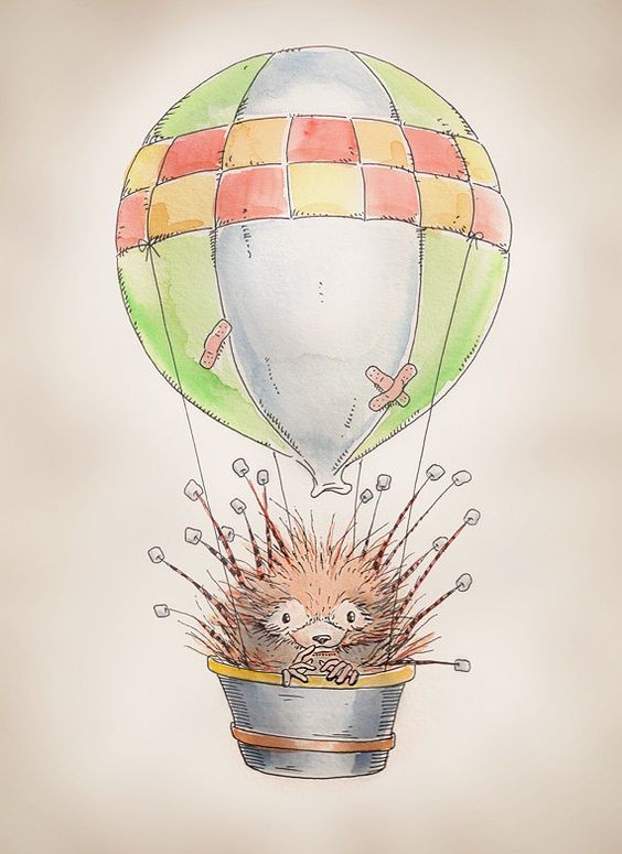 Original hedgehog flying in busket with huge balloon tattoo design