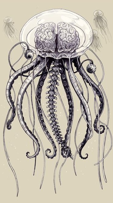 Original jellyfish with brained head in bubble helmet tattoo design