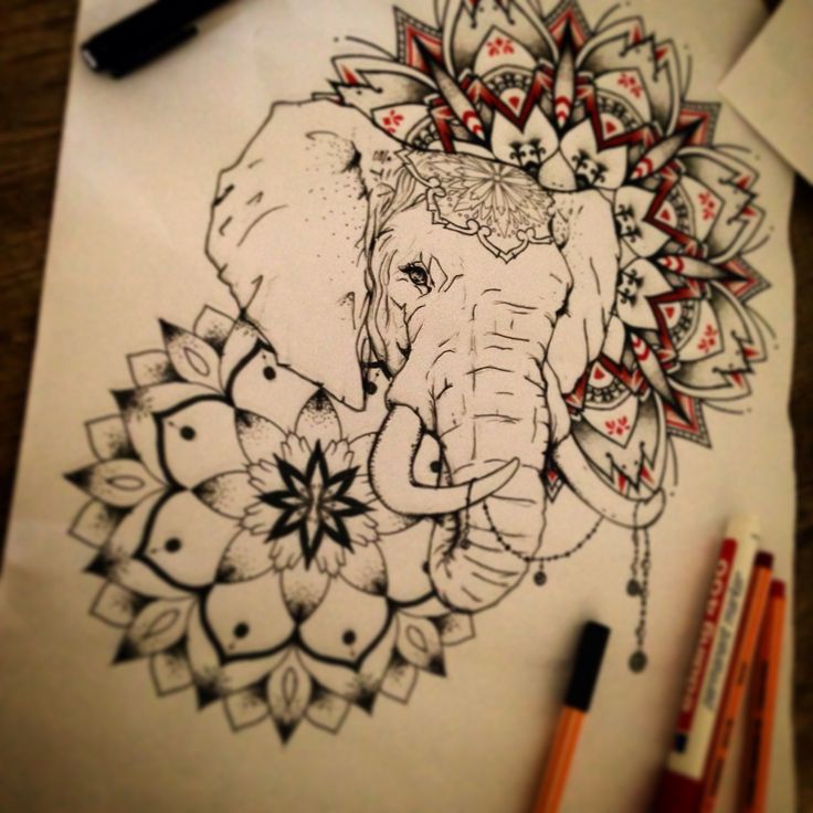 Original new school elephant head on mandala flowers background tattoo design