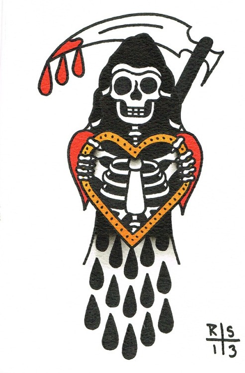 Original old school death with heart skeleton chest and bloody scythe tattoo design