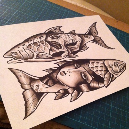 Original old school grey-ink fish with girl face ptint tattoo design