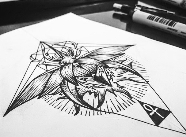 Original open-winged bug on shining geometric background tattoo design